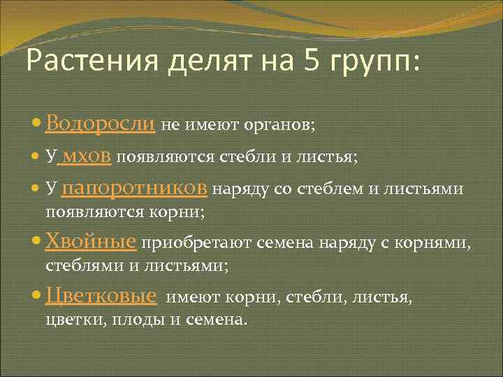 Растения делят на 5 групп:  Водоросли не имеют органов;  У мхов появляются