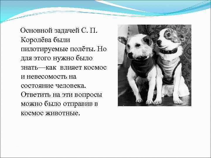 Основной задачей С. П. Королёва были пилотируемые полёты. Но для этого нужно было знать—как