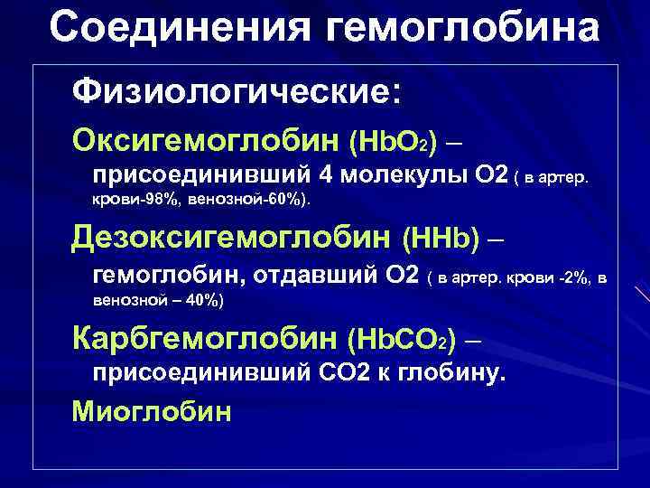 Соединения гемоглобина Физиологические: Оксигемоглобин (Hb. O 2) – присоединивший 4 молекулы О 2 (