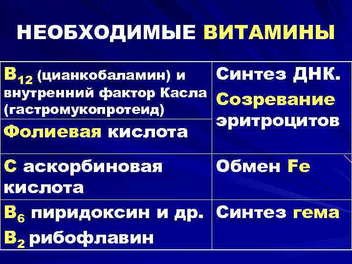  НЕОБХОДИМЫЕ ВИТАМИНЫ В 12 (цианкобаламин) и Синтез ДНК. внутренний фактор Касла (гастромукопротеид) 