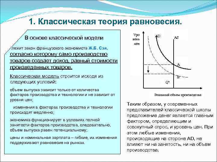 Равновесный уровень цен. Классическая модель равновесия. Неоклассическая теория занятости график. Классическая теория занятости кратко. Неоклассическая модель макроэкономического равновесия.