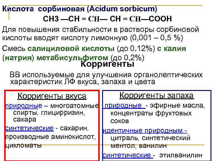Кислота сорбиновая (Acidum sorbicum)  CН 3 —CH = CH—СOOН Для повышения стабильности в