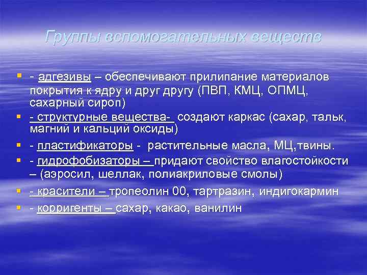  Группы вспомогательных веществ § - адгезивы – обеспечивают прилипание материалов  покрытия к