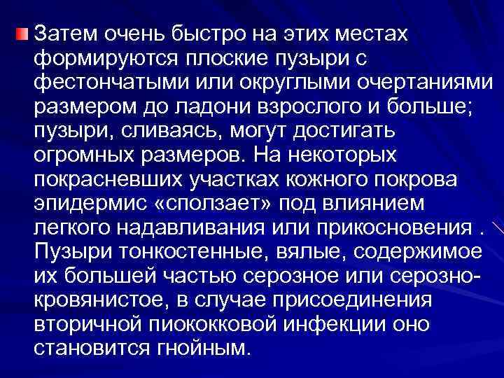 Затем очень быстро на этих местах формируются плоские пузыри с фестончатыми или округлыми очертаниями