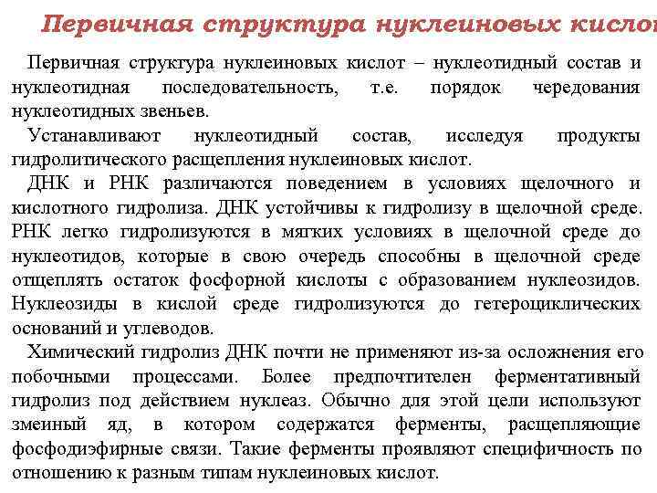   Первичная структура нуклеиновых кислот – нуклеотидный состав и нуклеотидная последовательность,  т.
