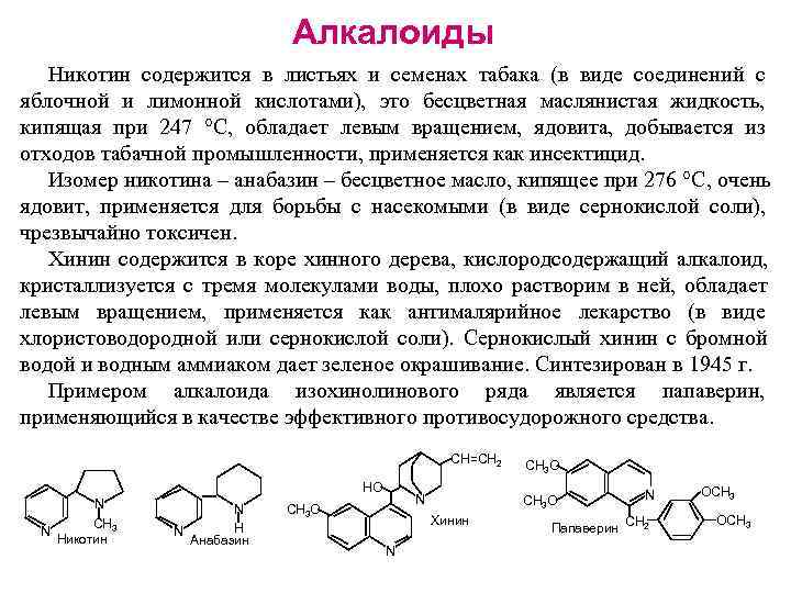       Алкалоиды  Никотин содержится в листьях и семенах