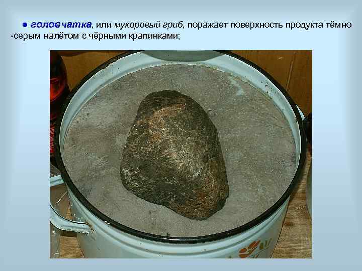   ● головчатка, или мукоровый гриб, поражает поверхность продукта тёмно -серым налётом с