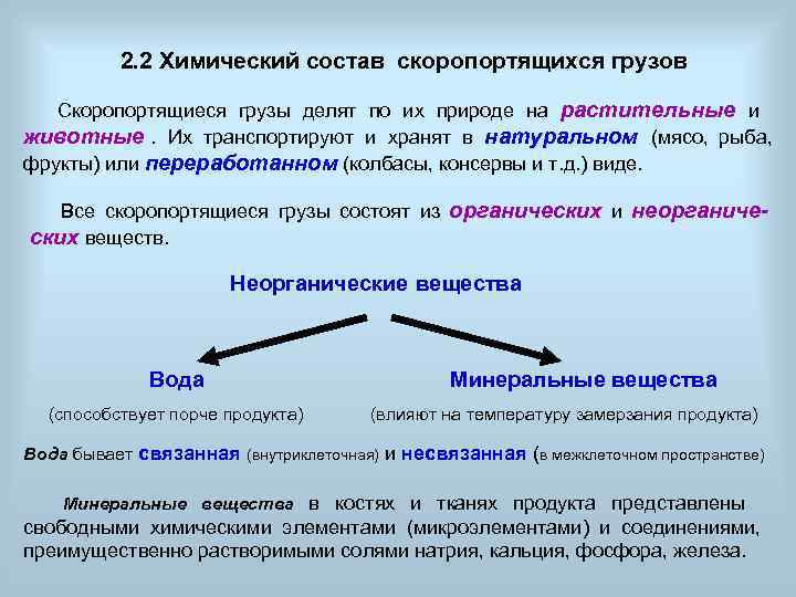   2. 2 Химический состав скоропортящихся грузов   Скоропортящиеся грузы делят по