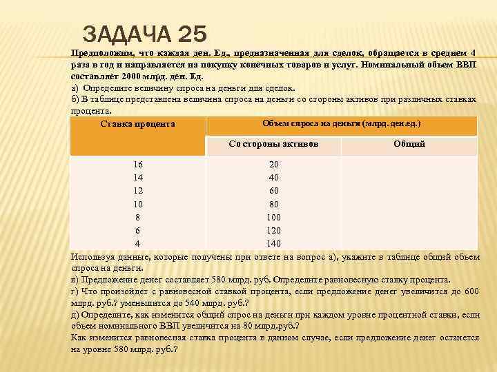 В среднем на 4 5. Задачи по сделке. Спрос на деньги для сделок от объема ВВП. Номинальное задание. В таблице представлен объем спроса на деньги со стороны активов.