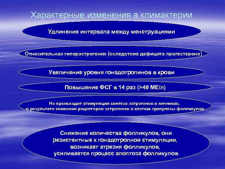 Характерные изменения в климактерии Удлинение интервала между менструациями Относительная гиперэстрогения Характерные изменения в климактерии Удлинение интервала между менструациями Относительная гиперэстрогения