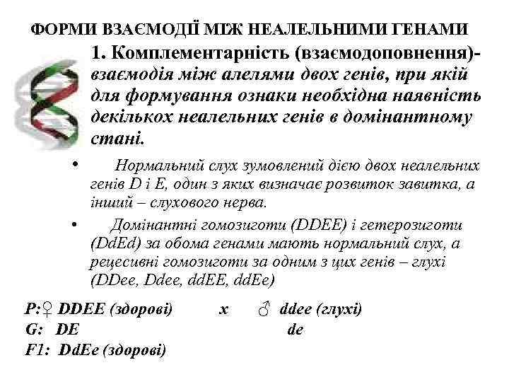 ФОРМИ ВЗАЄМОДІЇ МІЖ НЕАЛЕЛЬНИМИ ГЕНАМИ   1. Комплементарність (взаємодоповнення)-   взаємодія між