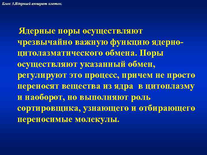 Блок 3. Ядерный аппарат клеток.   Ядерные поры осуществляют  чрезвычайно важную функцию