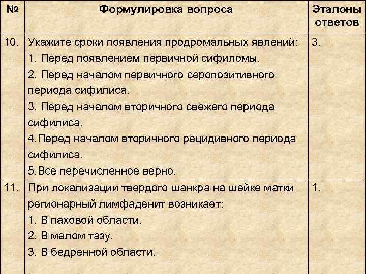 №    Формулировка вопроса   Эталоны     ответов