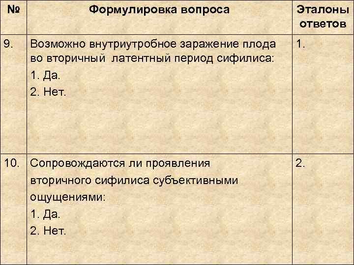 № Формулировка вопроса Эталоны ответов 9. № Формулировка вопроса Эталоны ответов 9.