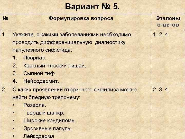 Вариант № 5. № Формулировка вопроса Вариант № 5. № Формулировка вопроса