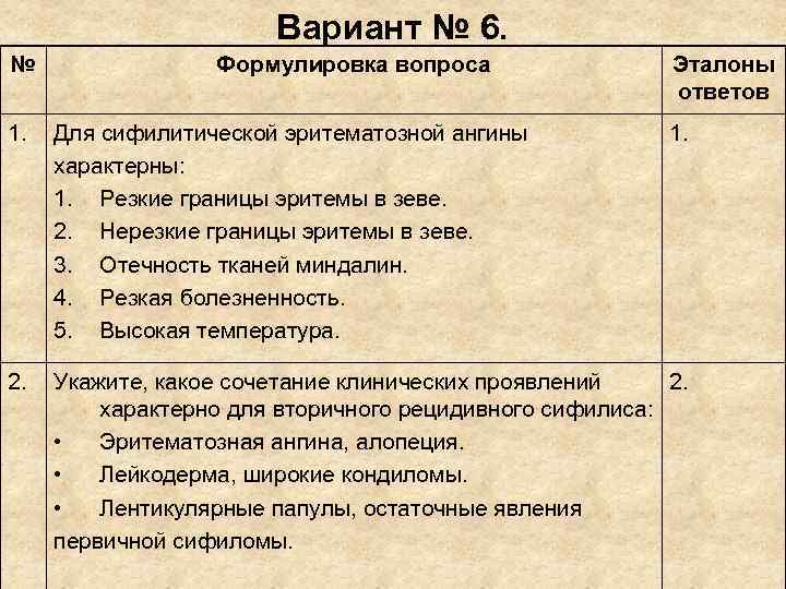 Вариант № 6. № Формулировка вопроса Вариант № 6. № Формулировка вопроса
