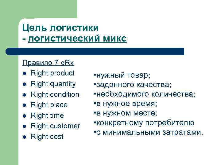 Цель логистики - логистический микс Правило 7 «R» l Right product • нужный товар;