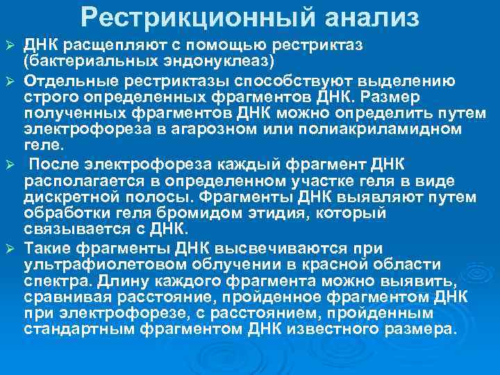    Рестрикционный анализ Ø  ДНК расщепляют с помощью рестриктаз (бактериальных эндонуклеаз)