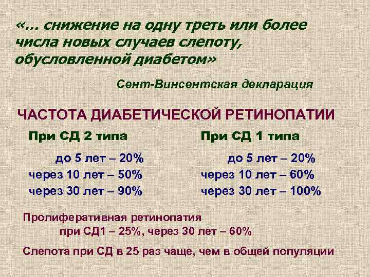  «… снижение на одну треть или более числа новых случаев слепоту, обусловленной диабетом»