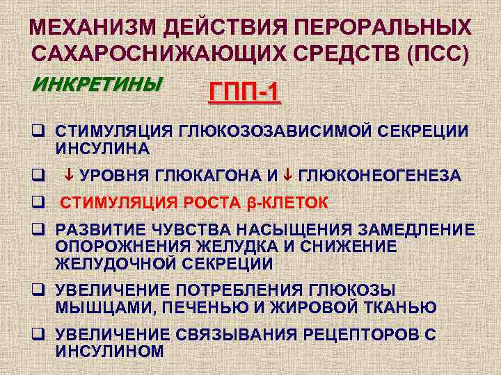 МЕХАНИЗМ ДЕЙСТВИЯ ПЕРОРАЛЬНЫХ САХАРОСНИЖАЮЩИХ СРЕДСТВ (ПСС) ИНКРЕТИНЫ  ГПП-1 q СТИМУЛЯЦИЯ ГЛЮКОЗОЗАВИСИМОЙ СЕКРЕЦИИ 