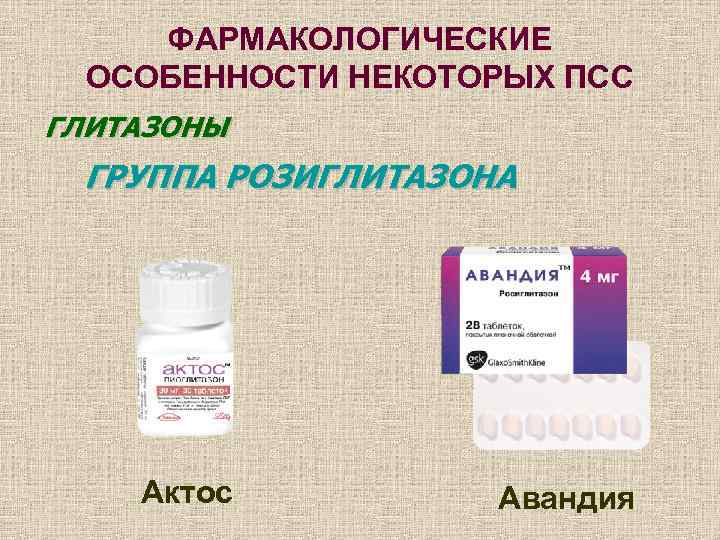  ФАРМАКОЛОГИЧЕСКИЕ  ОСОБЕННОСТИ НЕКОТОРЫХ ПСС ГЛИТАЗОНЫ ГРУППА РОЗИГЛИТАЗОНА   Актос  Авандия