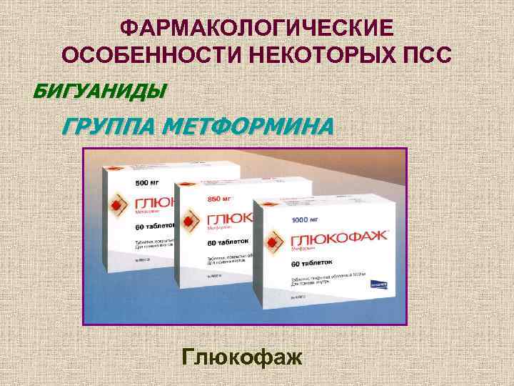  ФАРМАКОЛОГИЧЕСКИЕ  ОСОБЕННОСТИ НЕКОТОРЫХ ПСС БИГУАНИДЫ ГРУППА МЕТФОРМИНА   Глюкофаж 