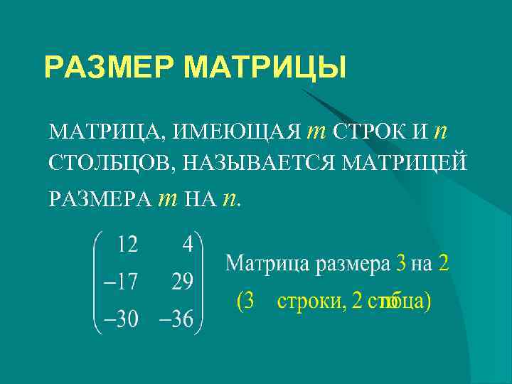 РАЗМЕР МАТРИЦЫ МАТРИЦА, ИМЕЮЩАЯ m СТРОК И n СТОЛБЦОВ, НАЗЫВАЕТСЯ МАТРИЦЕЙ РАЗМЕРА m НА
