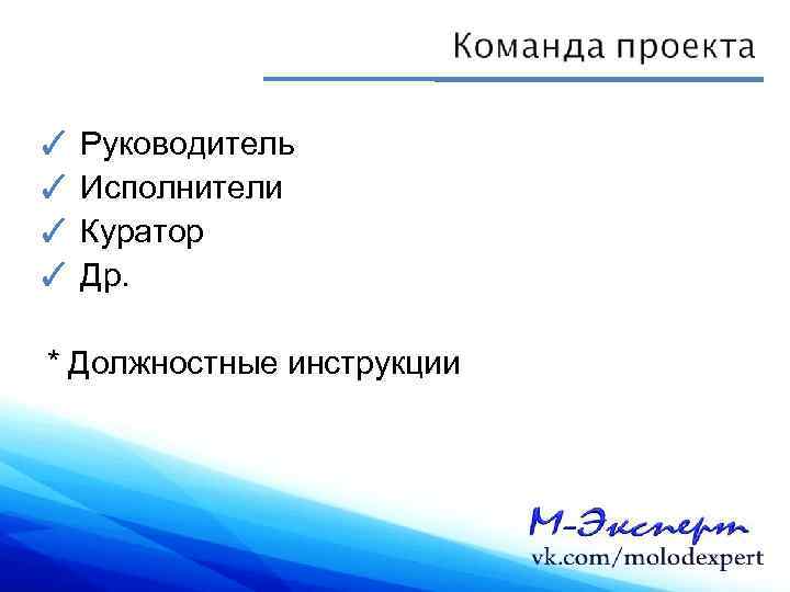 ✓ Руководитель ✓ Исполнители ✓ Куратор ✓ Др.  * Должностные инструкции 