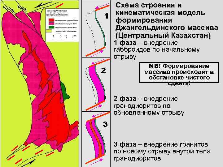  Схема строения и 1 кинематическая модель  формирования  Джангельдинского массива  (Центральный