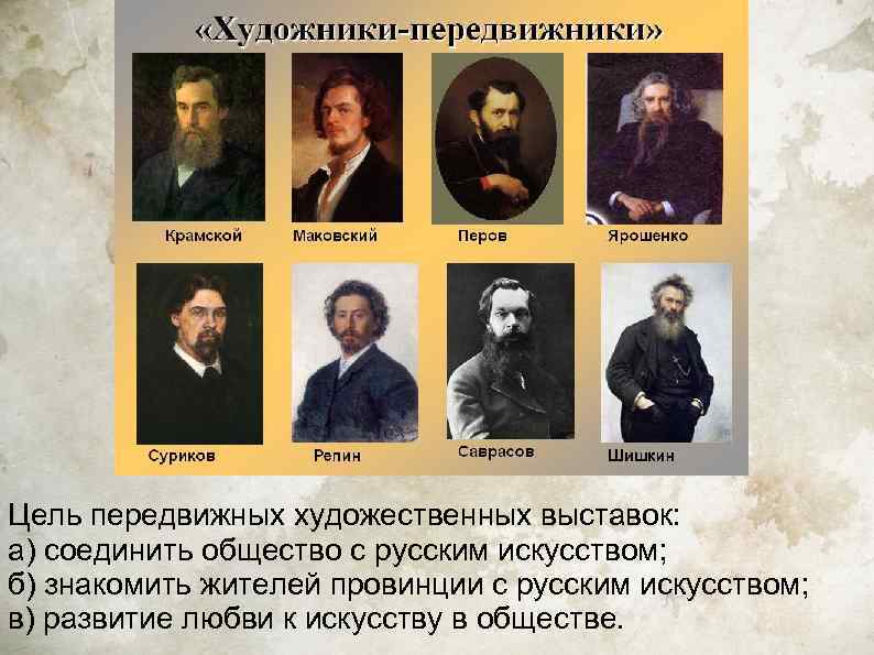 Цель передвижных художественных выставок: а) соединить общество с русским искусством; б) знакомить жителей провинции