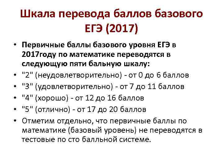 Шкала перевода баллов базового ЕГЭ (2017) • Первичные баллы базового уровня Шкала перевода баллов базового ЕГЭ (2017) • Первичные баллы базового уровня