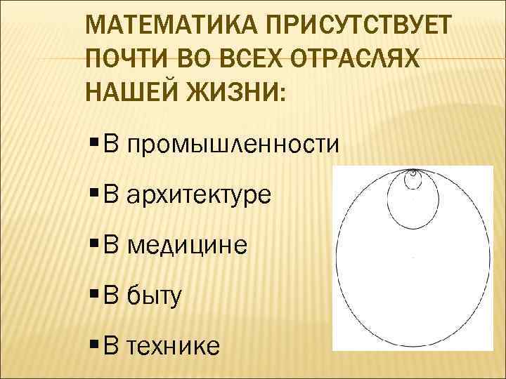 МАТЕМАТИКА ПРИСУТСТВУЕТ ПОЧТИ ВО ВСЕХ ОТРАСЛЯХ НАШЕЙ ЖИЗНИ: § В промышленности § В архитектуре