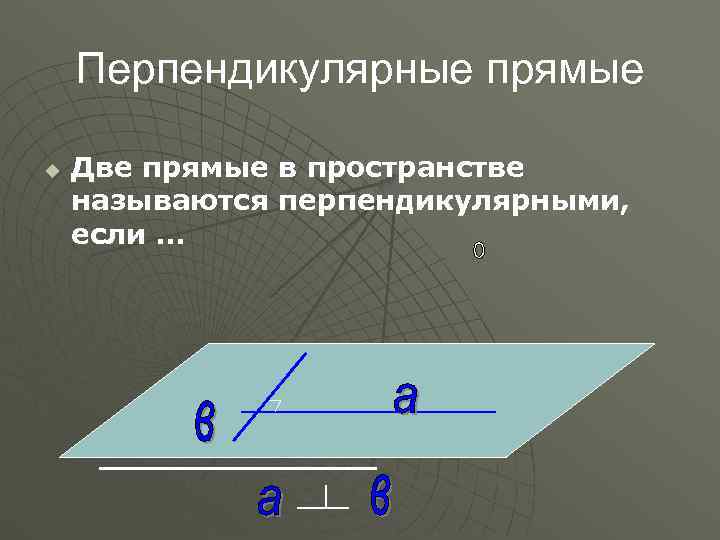   Перпендикулярные прямые u  Две прямые в пространстве называются перпендикулярными, если …