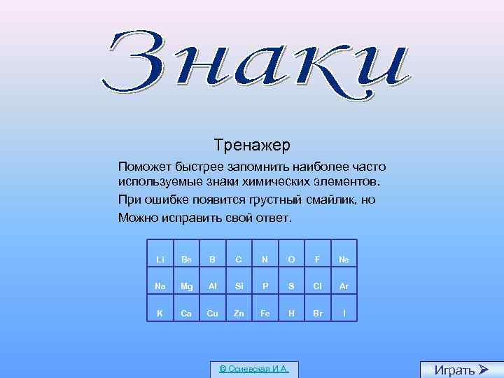     Тренажер Поможет быстрее запомнить наиболее часто используемые знаки химических элементов.