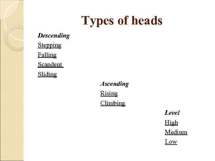    Types of heads Descending Stepping Falling Scandent  Sliding  