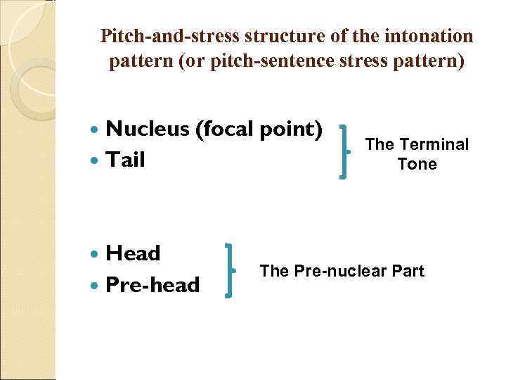  Pitch-and-stress structure of the intonation  pattern (or pitch-sentence stress pattern) Nucleus 