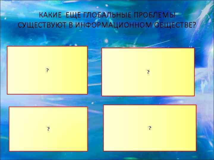   КАКИЕ ЕЩЕ ГЛОБАЛЬНЫЕ ПРОБЛЕМЫ СУЩЕСТВУЮТ В ИНФОРМАЦИОННОМ ОБЩЕСТВЕ?  ?  