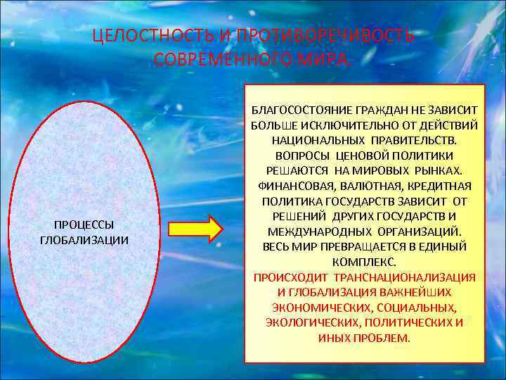  ЦЕЛОСТНОСТЬ И ПРОТИВОРЕЧИВОСТЬ  СОВРЕМЕННОГО МИРА.    БЛАГОСОСТОЯНИЕ ГРАЖДАН НЕ ЗАВИСИТ