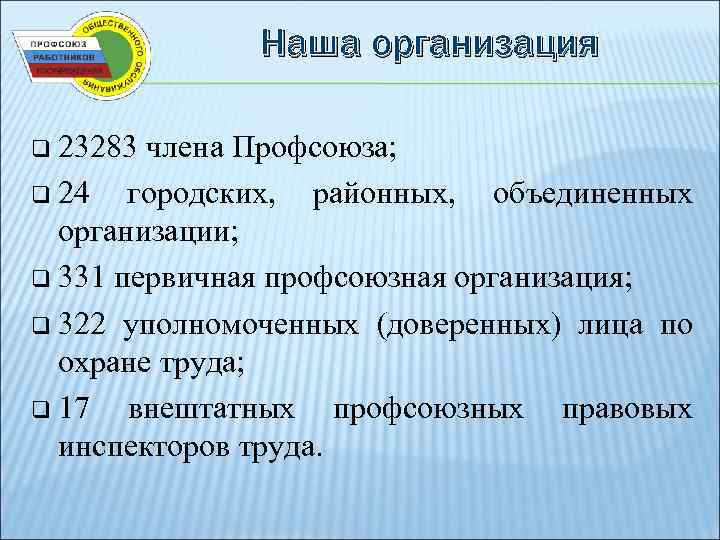    Наша организация q 23283 члена Профсоюза; q 24  городских, районных,