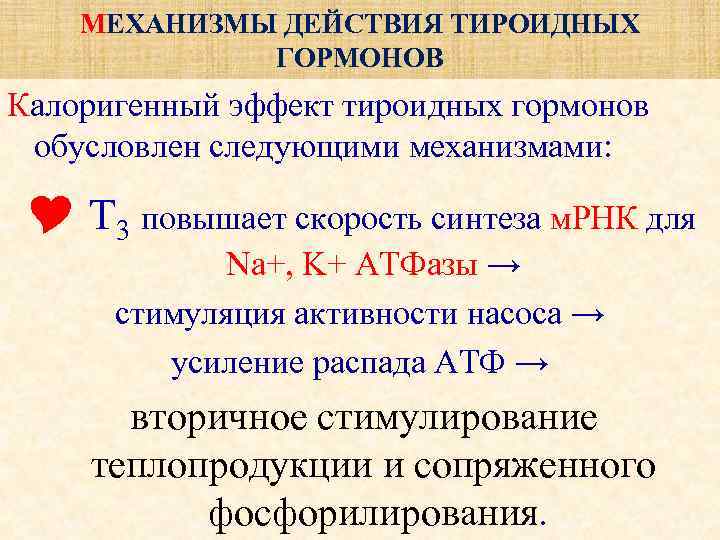   МЕХАНИЗМЫ ДЕЙСТВИЯ ТИРОИДНЫХ   ГОРМОНОВ Калоригенный эффект тироидных гормонов  обусловлен