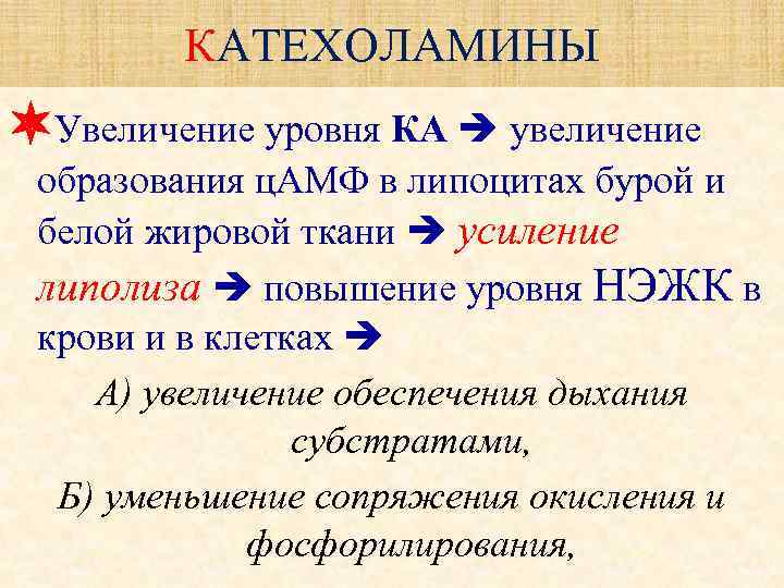   КАТЕХОЛАМИНЫ Увеличение уровня КА  увеличение  образования ц. АМФ в липоцитах