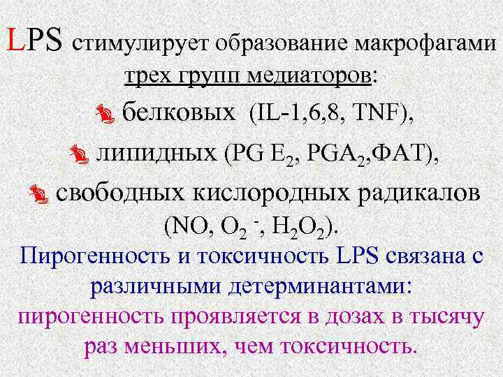 LPS стимулирует образование макрофагами  трех групп медиаторов:  белковых (IL-1, 6, 8, TNF),