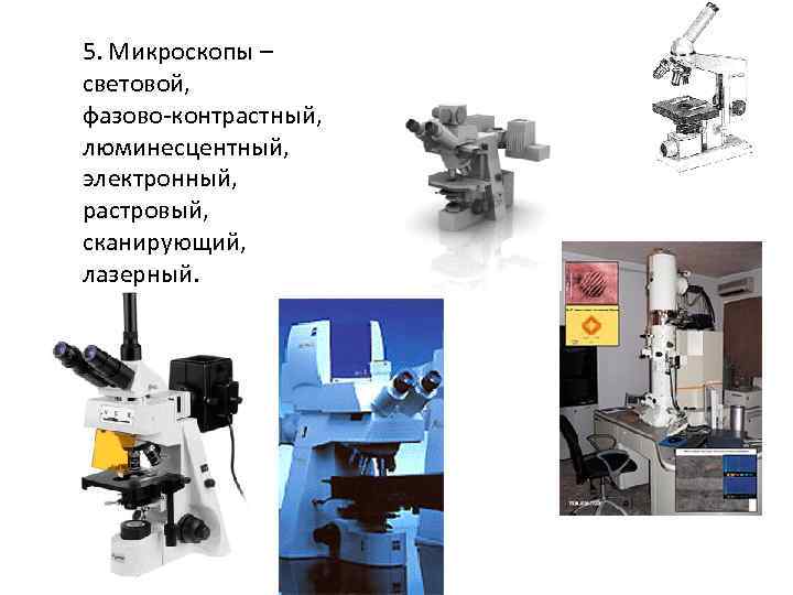 5. Микроскопы – световой, фазово-контрастный, люминесцентный, электронный, растровый, сканирующий, лазерный. 