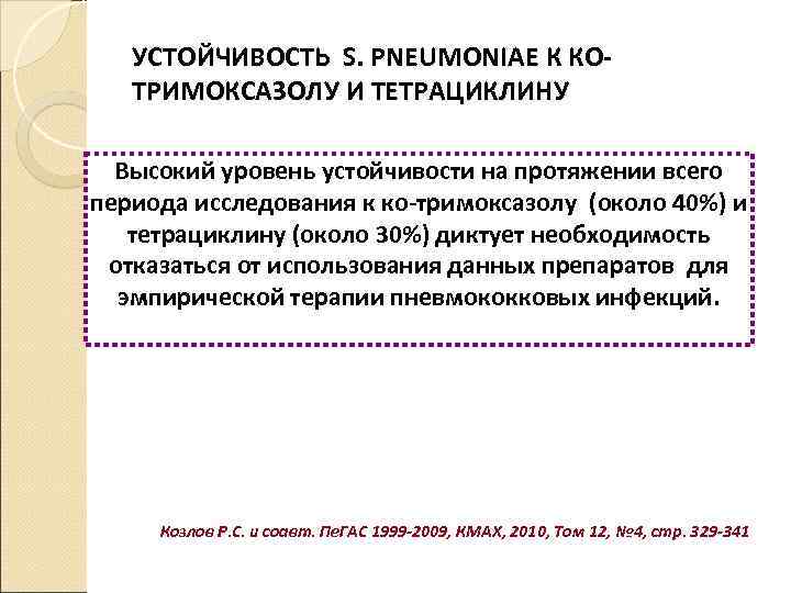   УСТОЙЧИВОСТЬ S. PNEUMONIAE К КО-  ТРИМОКСАЗОЛУ И ТЕТРАЦИКЛИНУ  Высокий уровень