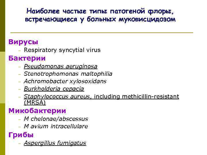  Наиболее частые типы патогеной флоры,  встречающиеся у больных муковисцидозом  Вирусы 
