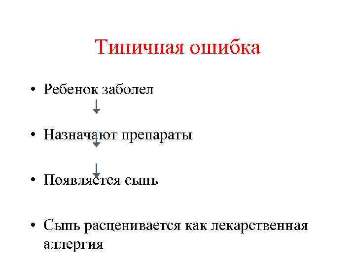Типичная ошибка • Ребенок заболел • Назначают препараты • Появляется сыпь • Сыпь расценивается