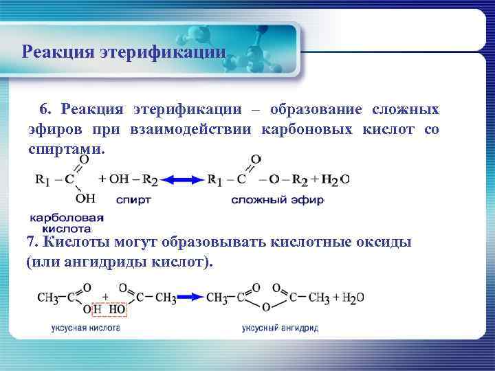 Реакция этерификации  6. Реакция этерификации – образование сложных эфиров при взаимодействии карбоновых кислот