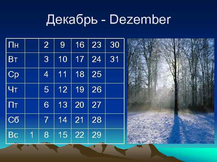    Декабрь - Dezember Пн  2  9  16 23