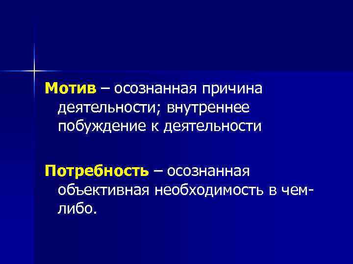 Мотив – осознанная причина деятельности; внутреннее побуждение к деятельности Потребность – осознанная объективная необходимость