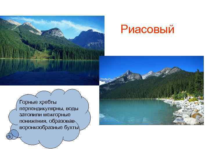     Риасовый Горные хребты перпендикулярны, воды затопили межгорные понижения, образовав воронкообразные